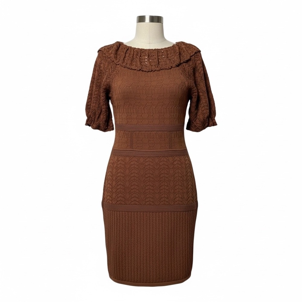 Catherine Malandrino Pointelle Knit Sheath Dress Brown Short Sleeve Small